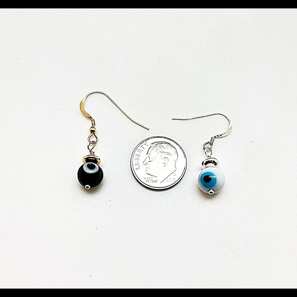 Evil Eye Dangle Earrings in White/Blue or Black/White, Sterling or Gold Filled - Picture 7 of 8